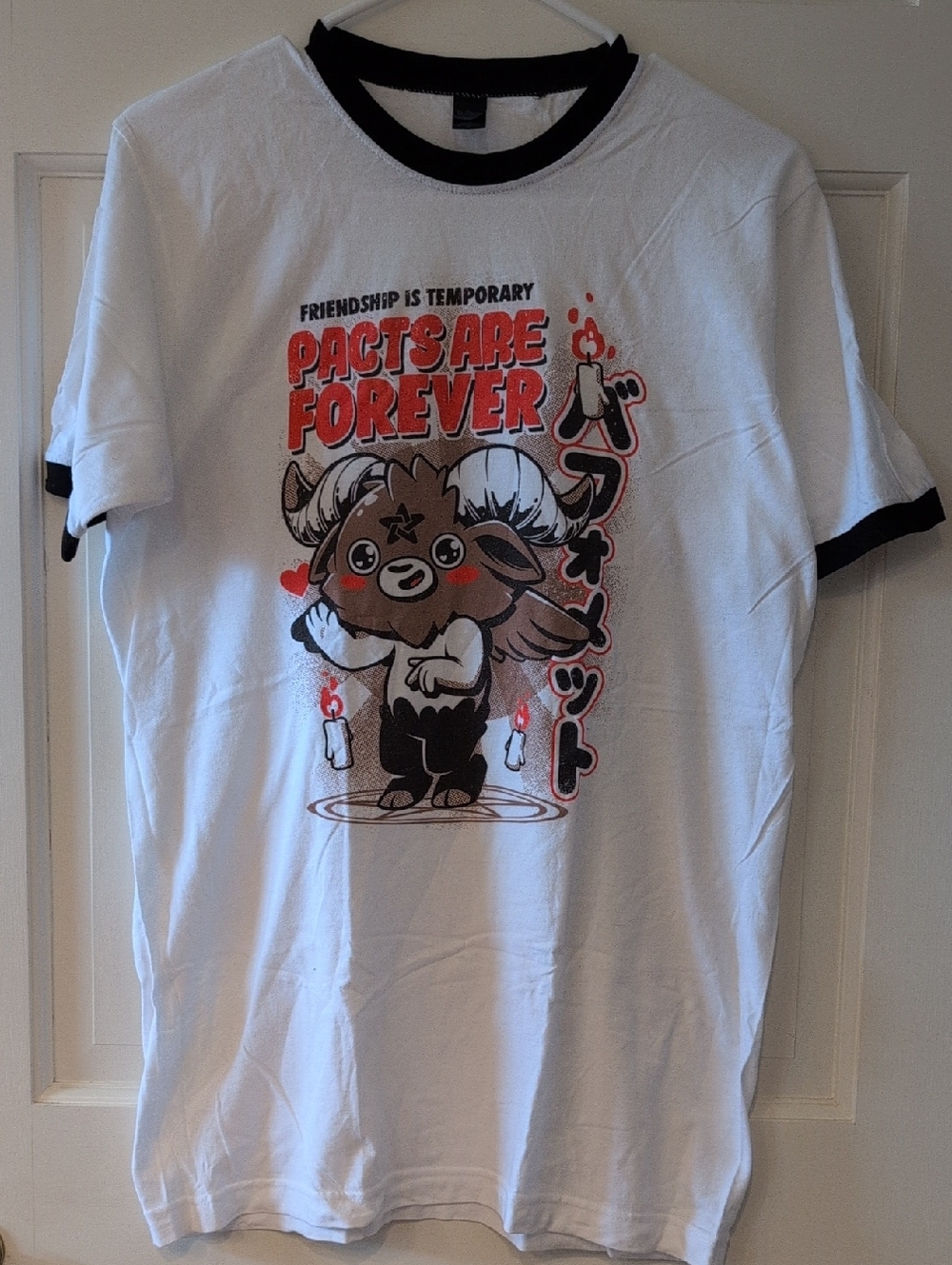 Threadless White Ringer Tee with Black Trim and Red Graphic